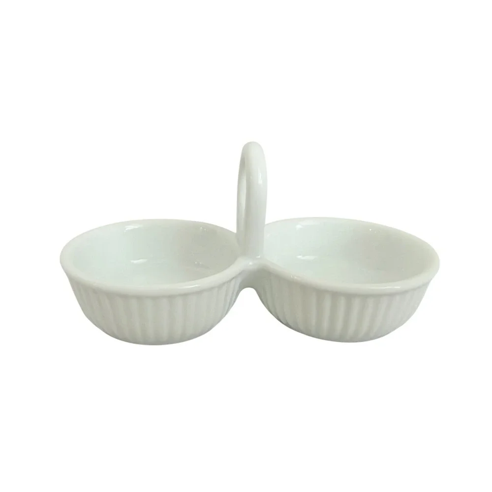 Crate & Barrel Double Condiment Server White Porcelain Small Handle Excellent